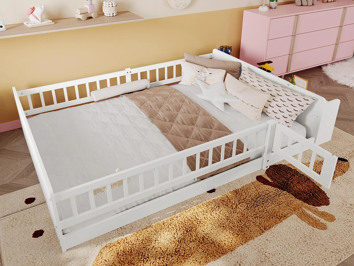 Letto bambino 140×190 cm - legno massello - con ripostiglio - con 1 anta - bianco (materasso non incluso)