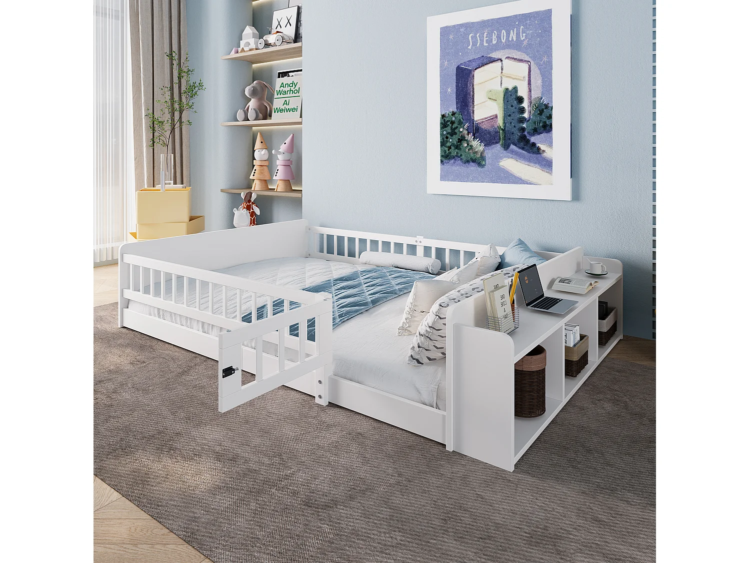 Letto bambino 140×190 cm - legno massello - con ripostiglio - con 1 anta - bianco (materasso non incluso)