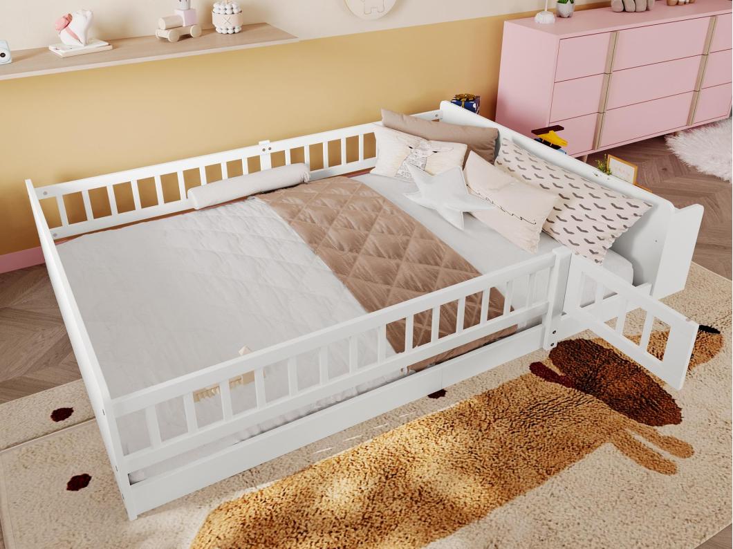 Letto bambino 140×190 cm - legno massello - con ripostiglio - con 1 anta - bianco (materasso non incluso)