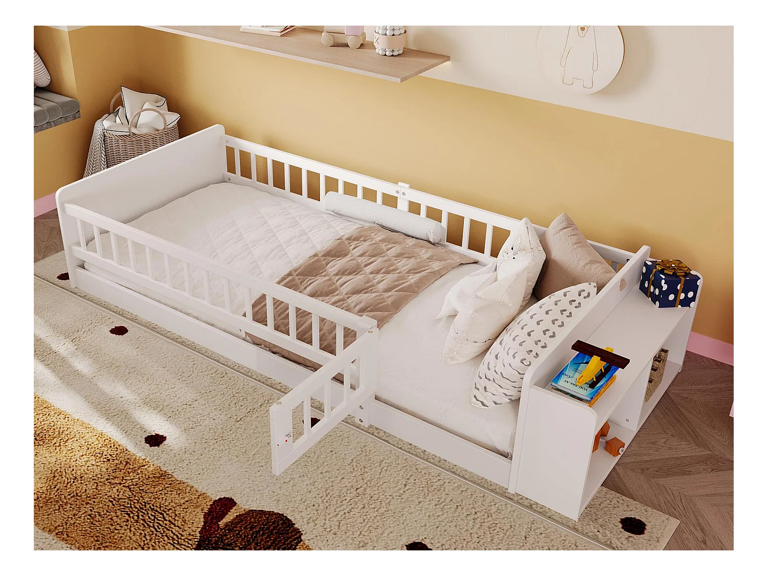 Lit enfant 90 x 200 cm - bois massif - avec rangement - avec 1 porte - blanc (matelas non inclus)