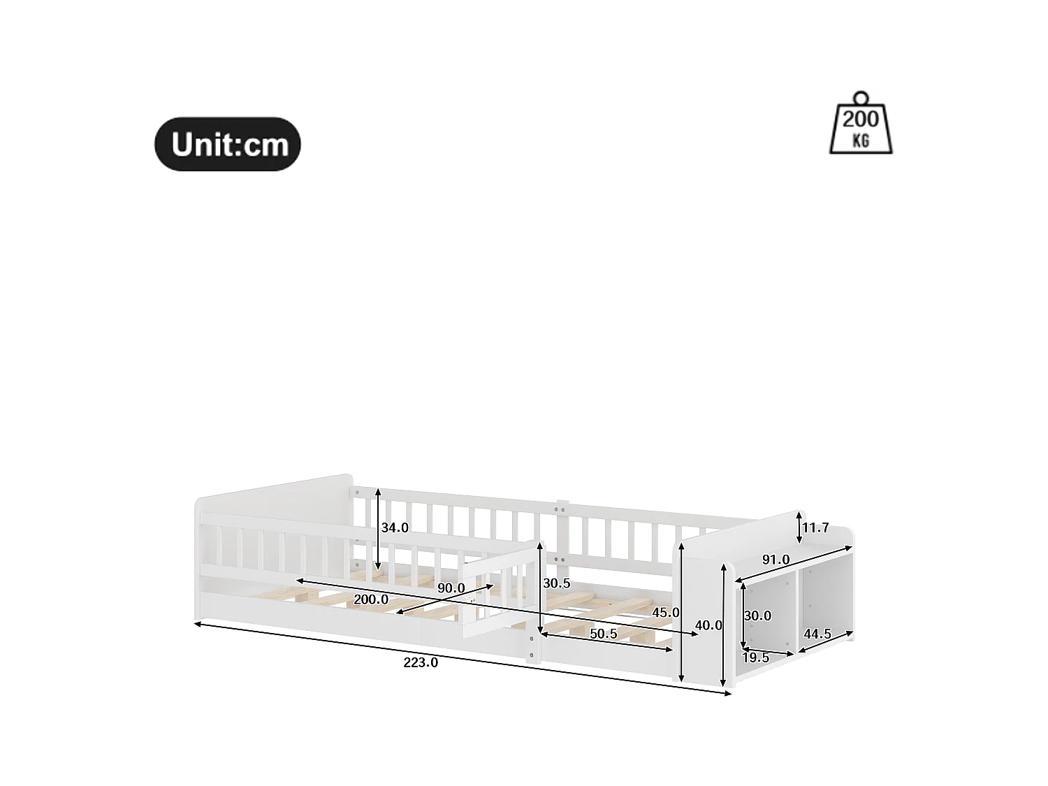 Kinderbett 90×200 cm - Massivholz - mit Stauraum - mit 1 Tür - weiß (Matratze nicht enthalten)