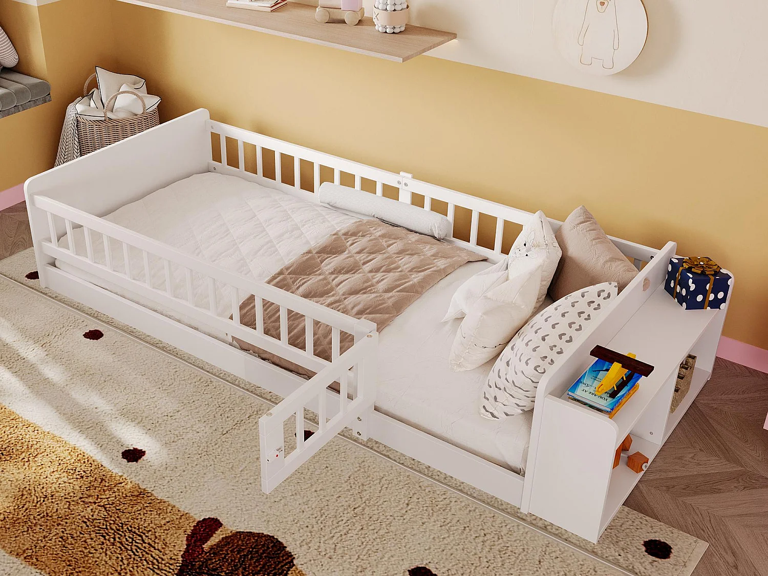 Letto bambino 90×200 cm - legno massello - con ripostiglio - con 1 anta - bianco (materasso non incluso)