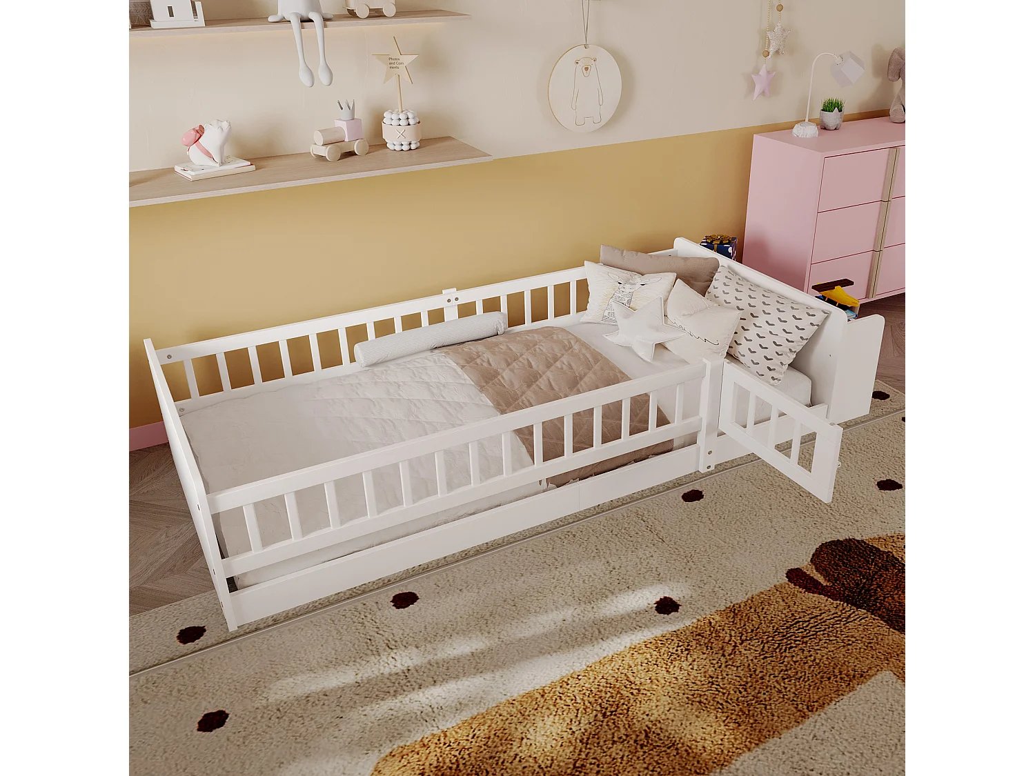 Letto bambino 90×200 cm - legno massello - con ripostiglio - con 1 anta - bianco (materasso non incluso)