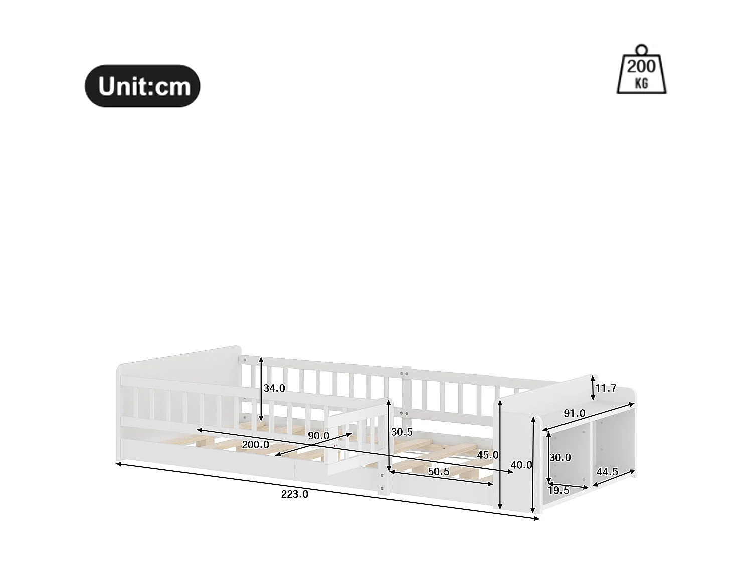 Letto bambino 90×200 cm - legno massello - con ripostiglio - con 1 anta - bianco (materasso non incluso)