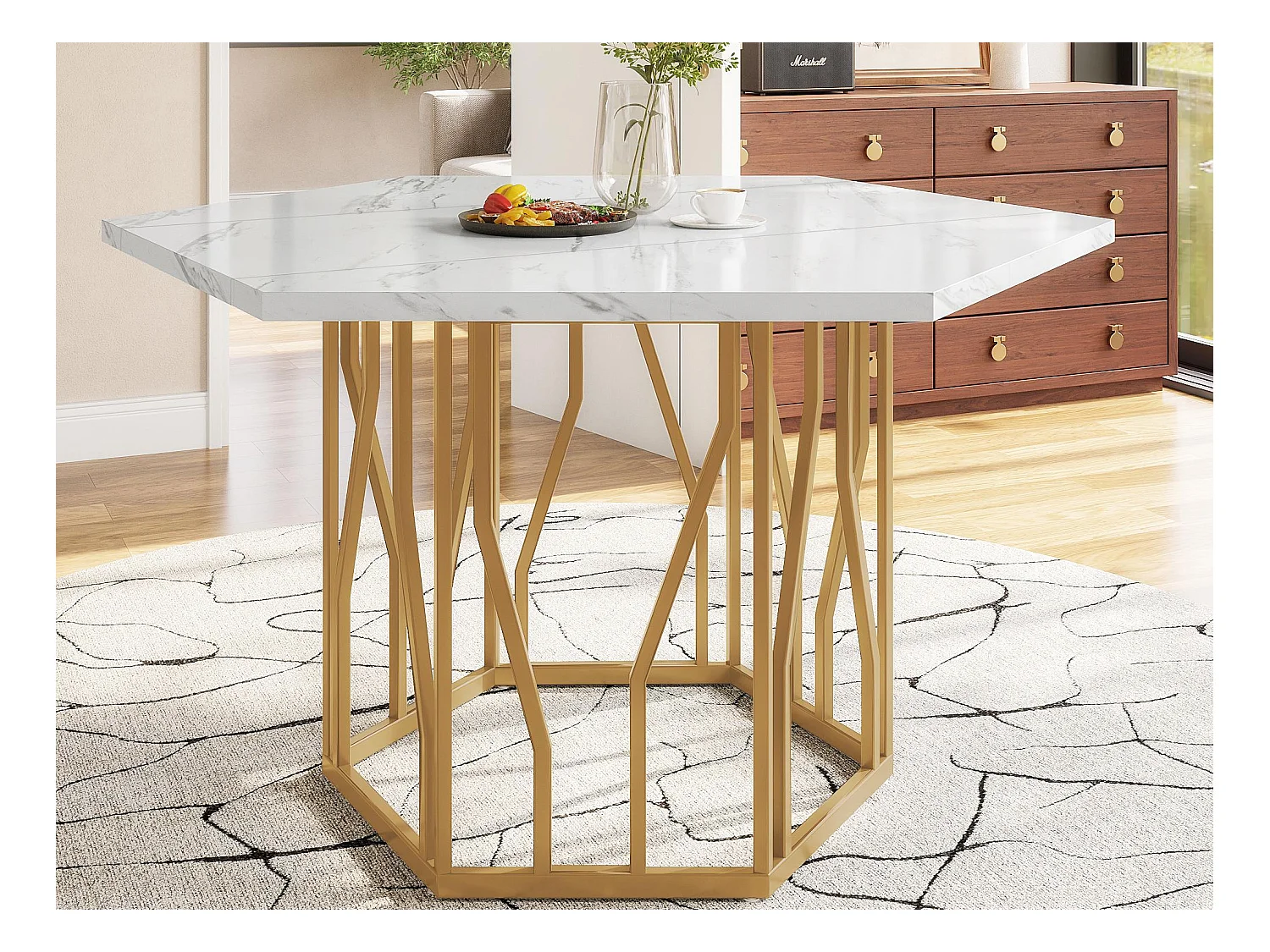 Table à manger hexagonale moderne - support métallique - plateau a motif de marbre - Blanc&Doré