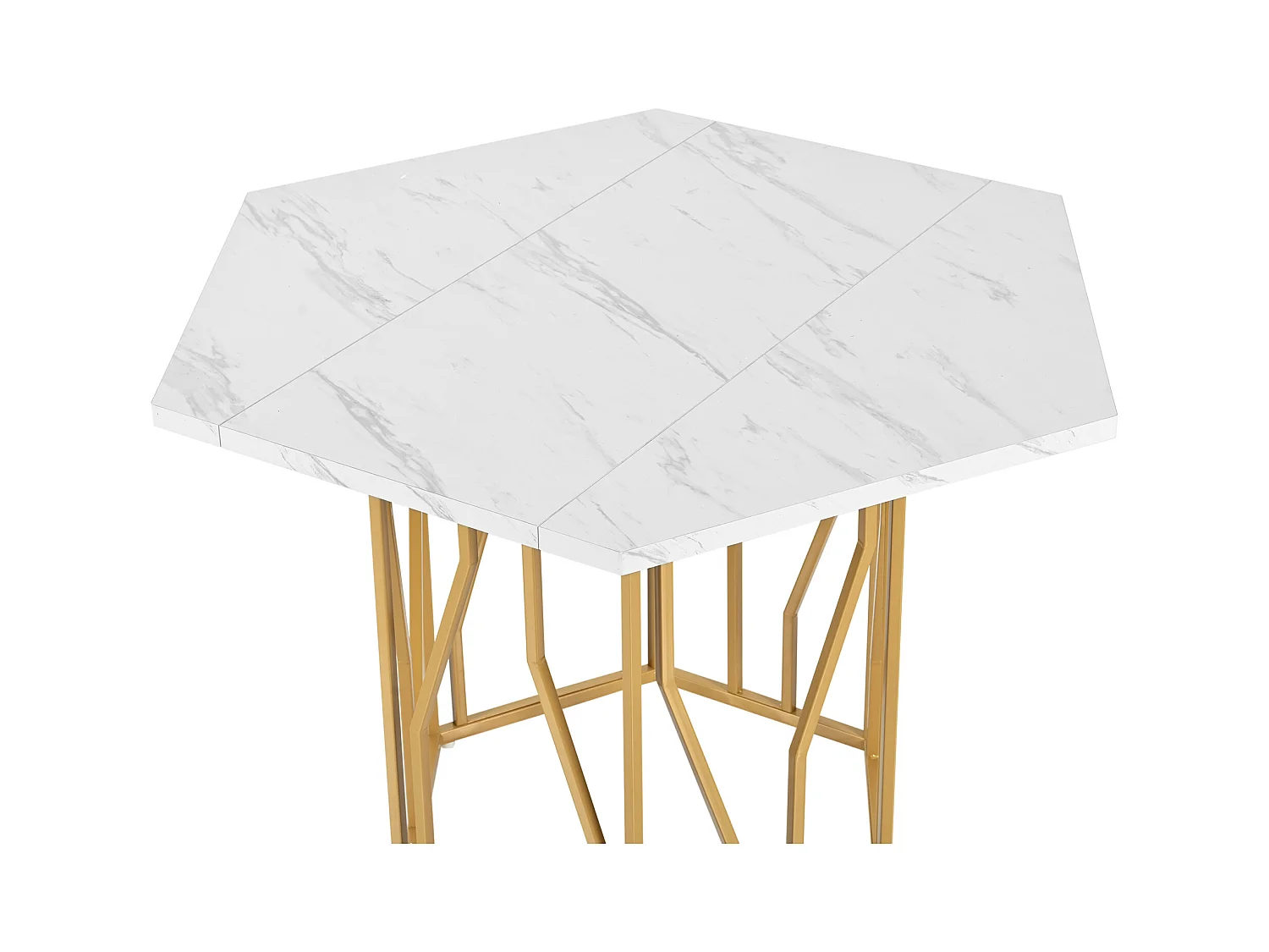 Table à manger hexagonale moderne - support métallique - plateau a motif de marbre - Blanc&Doré