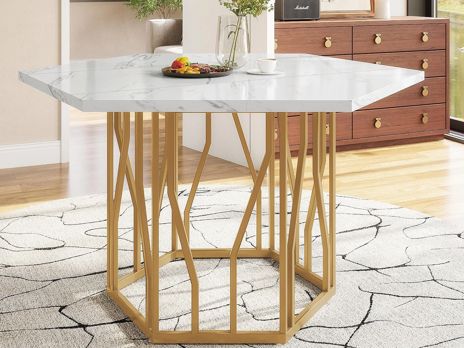 Table à manger hexagonale moderne - support métallique - plateau a motif de marbre - Blanc&Doré