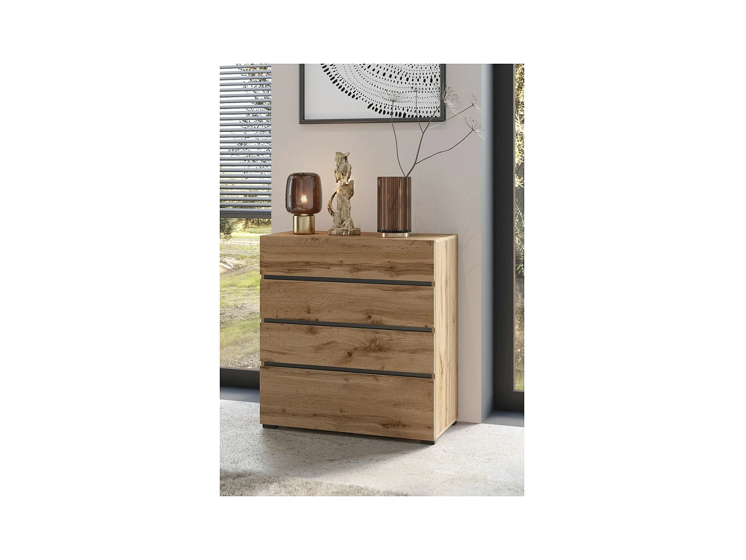 Cómoda HAVANA en roble y negro – 4 cajones – Estilo natural y almacenamiento moderno