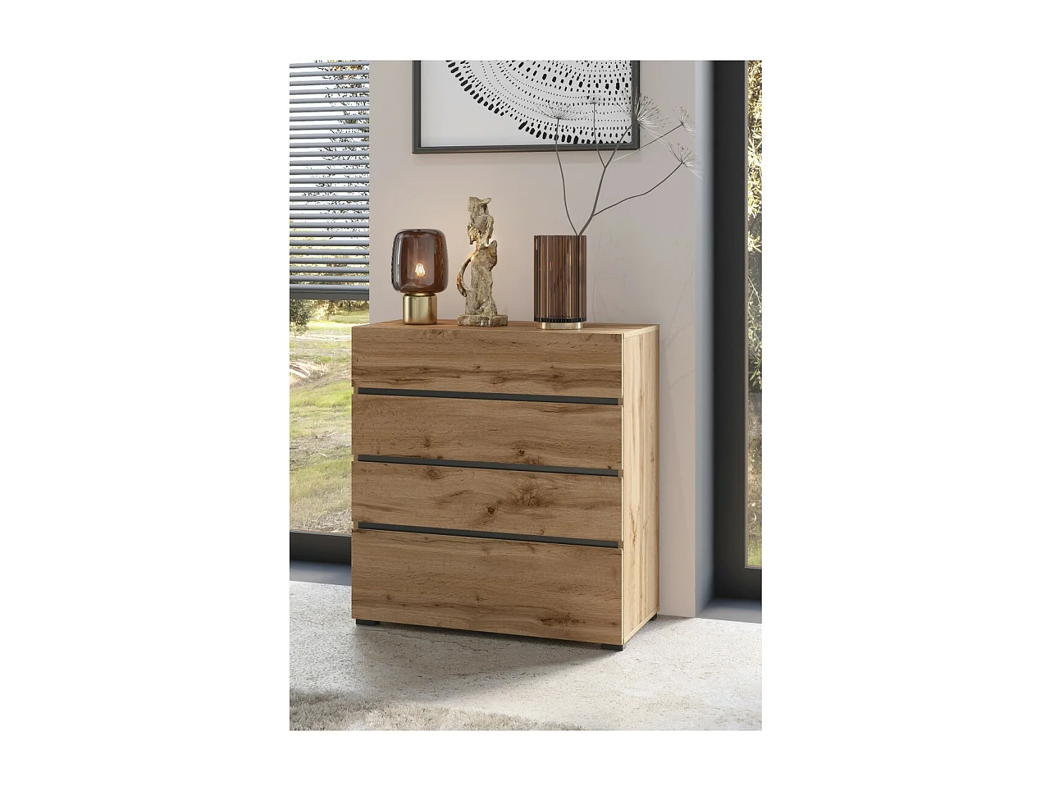 Cómoda HAVANA en roble y negro – 4 cajones – Estilo natural y almacenamiento moderno