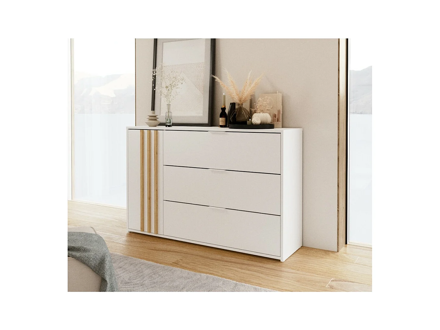 Comoda FLORENCE – Branca e Carvalho – 1 porta + 3 gavetas – Fechamento Suave – Design Contemporâneo