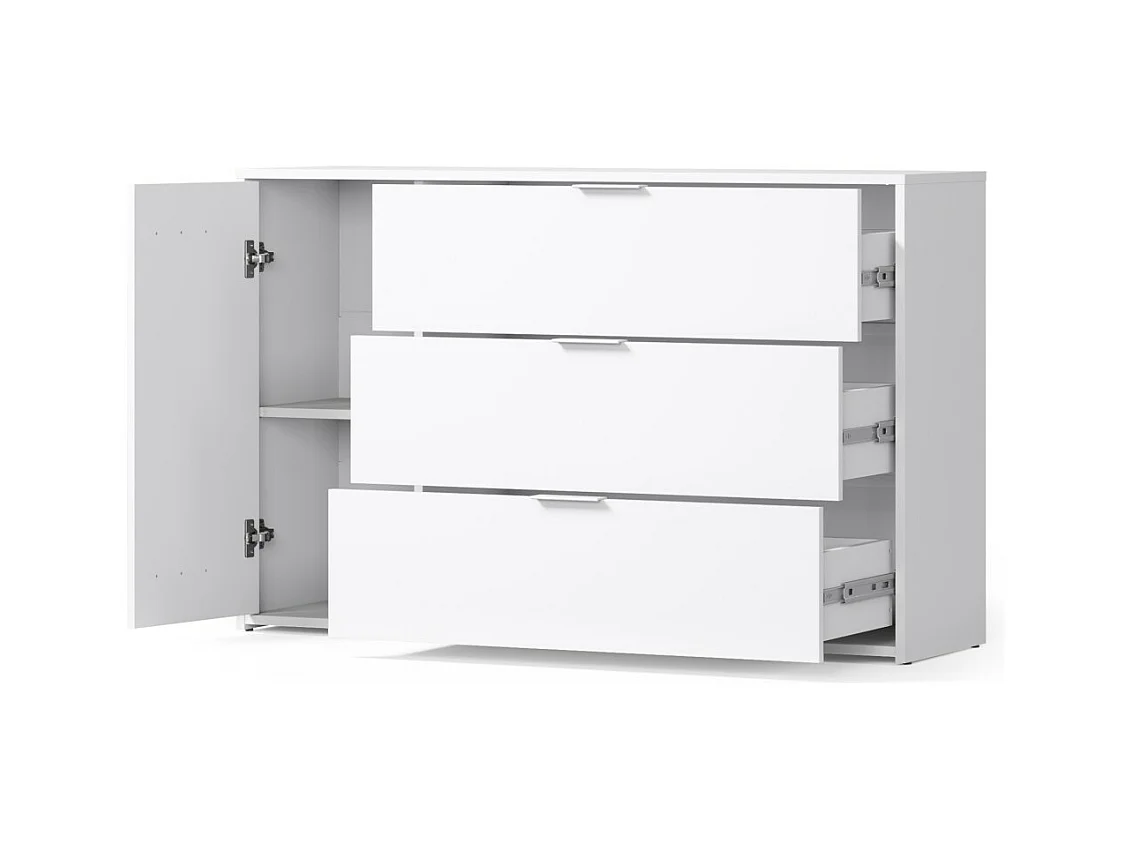 Comoda FLORENCE – Branca e Carvalho – 1 porta + 3 gavetas – Fechamento Suave – Design Contemporâneo