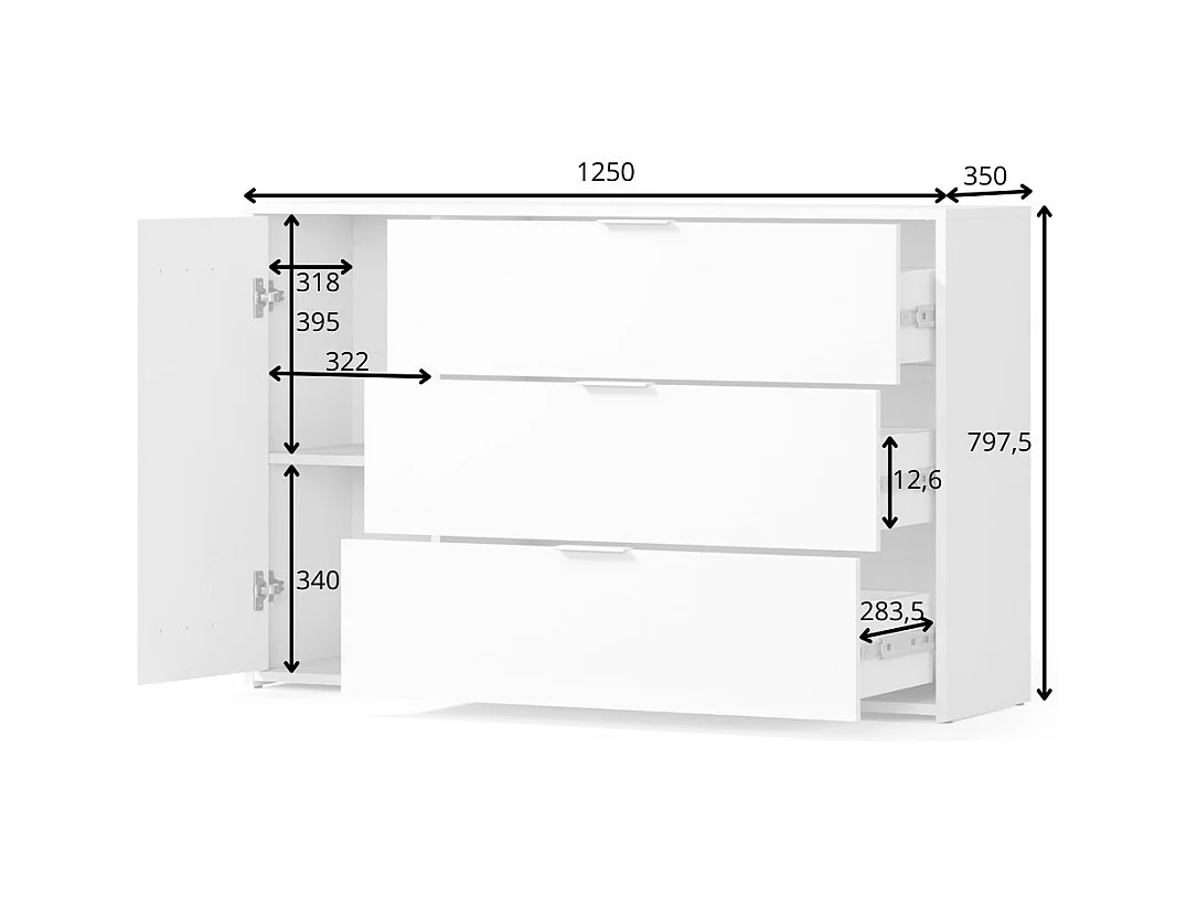 Comoda FLORENCE – Branca e Carvalho – 1 porta + 3 gavetas – Fechamento Suave – Design Contemporâneo