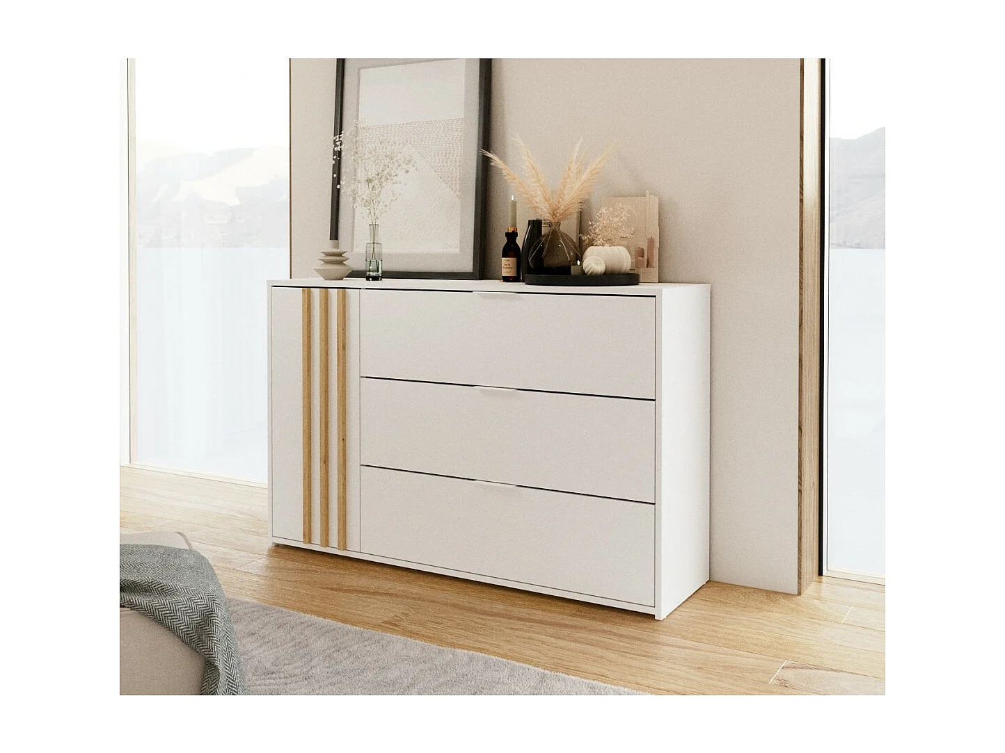 Comoda FLORENCE – Branca e Carvalho – 1 porta + 3 gavetas – Fechamento Suave – Design Contemporâneo