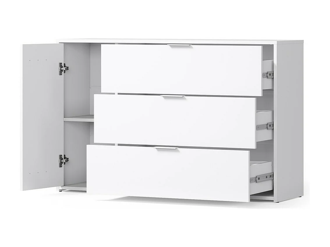 Comoda FLORENCE – Branca e Carvalho – 1 porta + 3 gavetas – Fechamento Suave – Design Contemporâneo