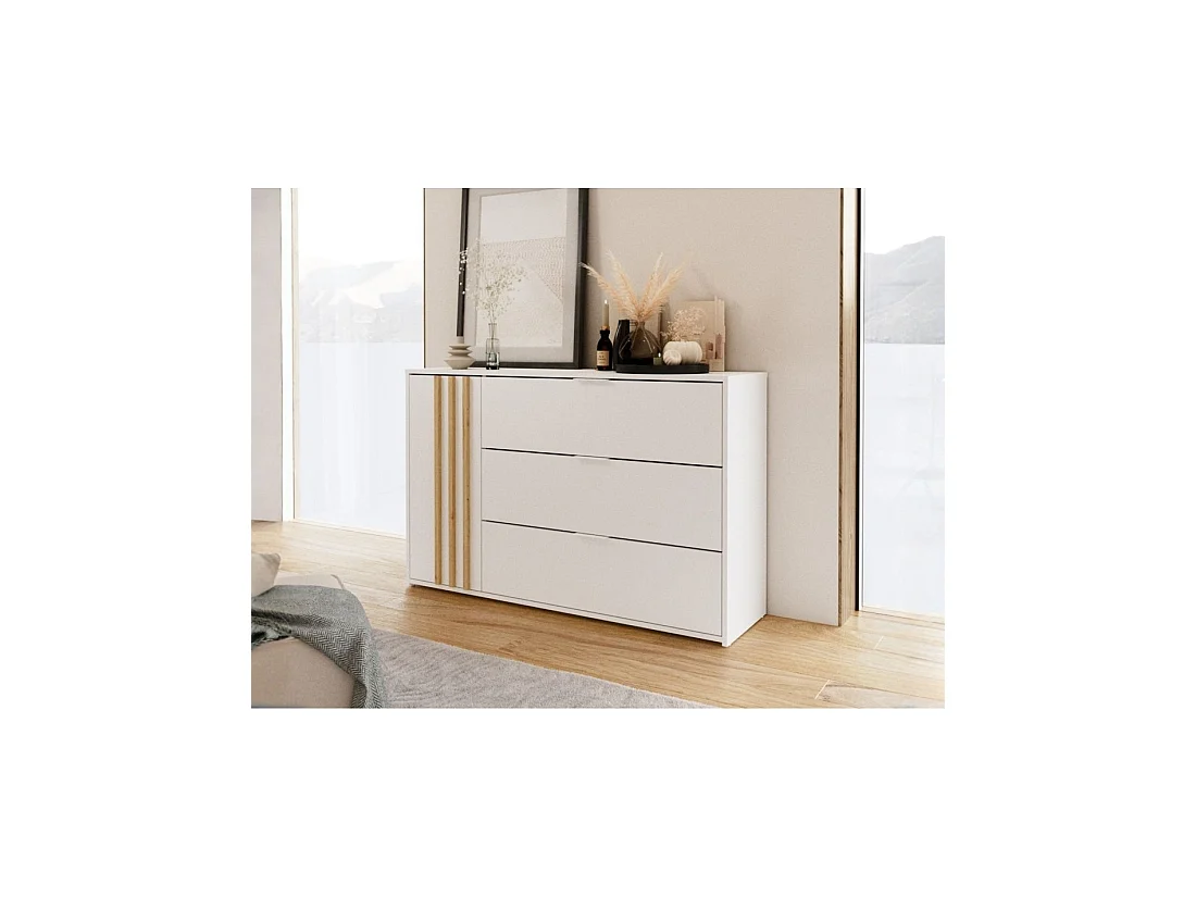 Commode FLORENCE – Blanc et chêne – 1 porte + 3 tiroirs – Soft Close – Design contemporain
