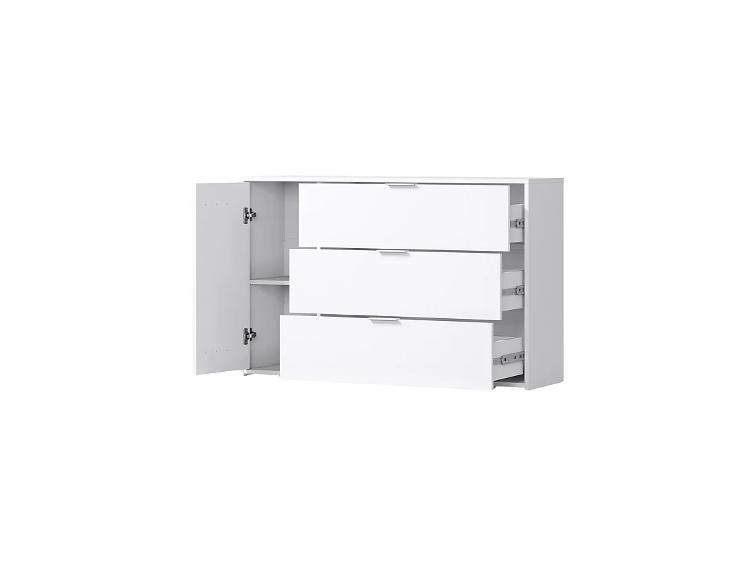 Commode FLORENCE – Blanc et chêne – 1 porte + 3 tiroirs – Soft Close – Design contemporain