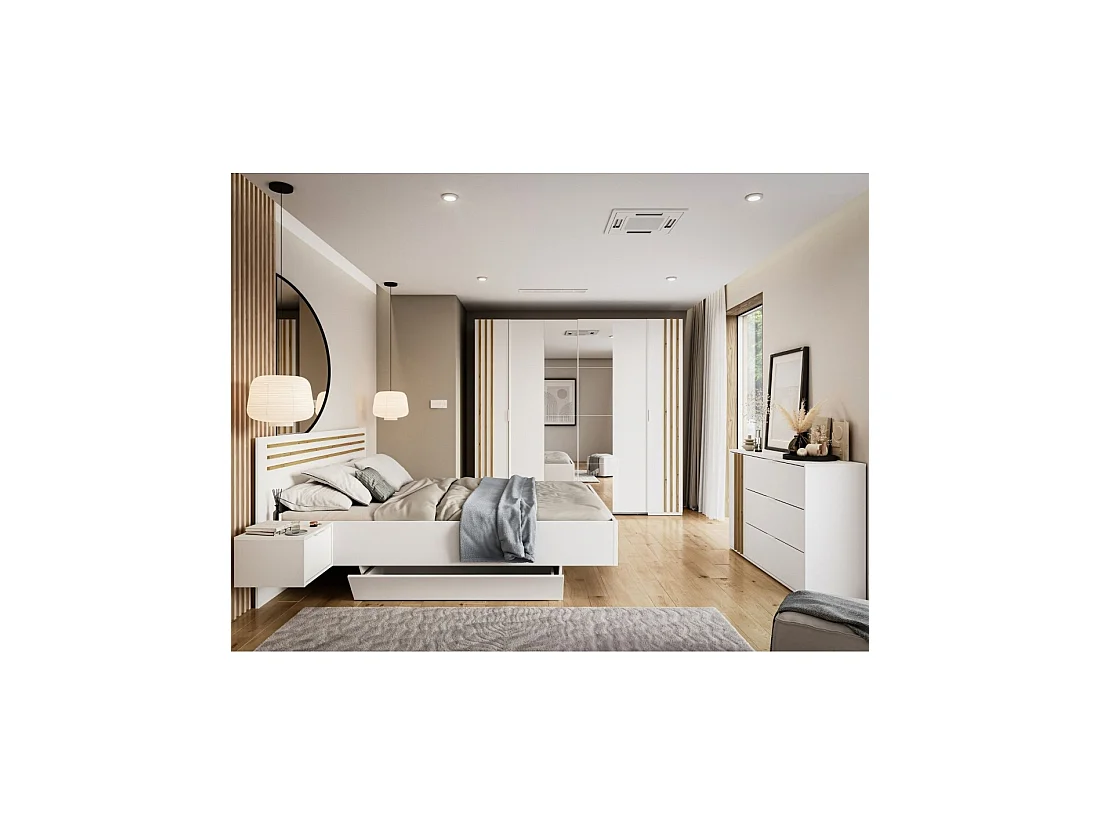 Commode FLORENCE – Blanc et chêne – 1 porte + 3 tiroirs – Soft Close – Design contemporain