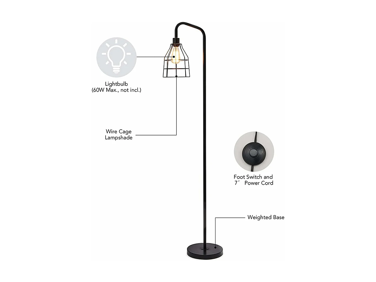 Lampadaire,lampadaire industriel,lampe sur pied avec ampoule LED 6W,douille E26,interrupteur à pédale,lampadaire moderne pour chambre à coucher,bureau