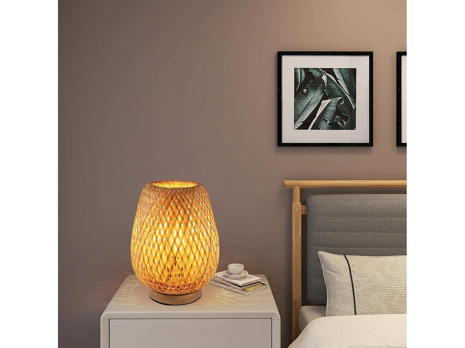 Lampe de Table en Bambou Tissé avec Abat-Jour Design Parfaite pour Chambre Bureau Salle à Manger et Salon 18*28cm (Ampoule non incluse)