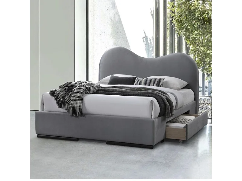 Lit 2 personnes gris 160 x 200 cm avec tiroirs de rangement WAVE