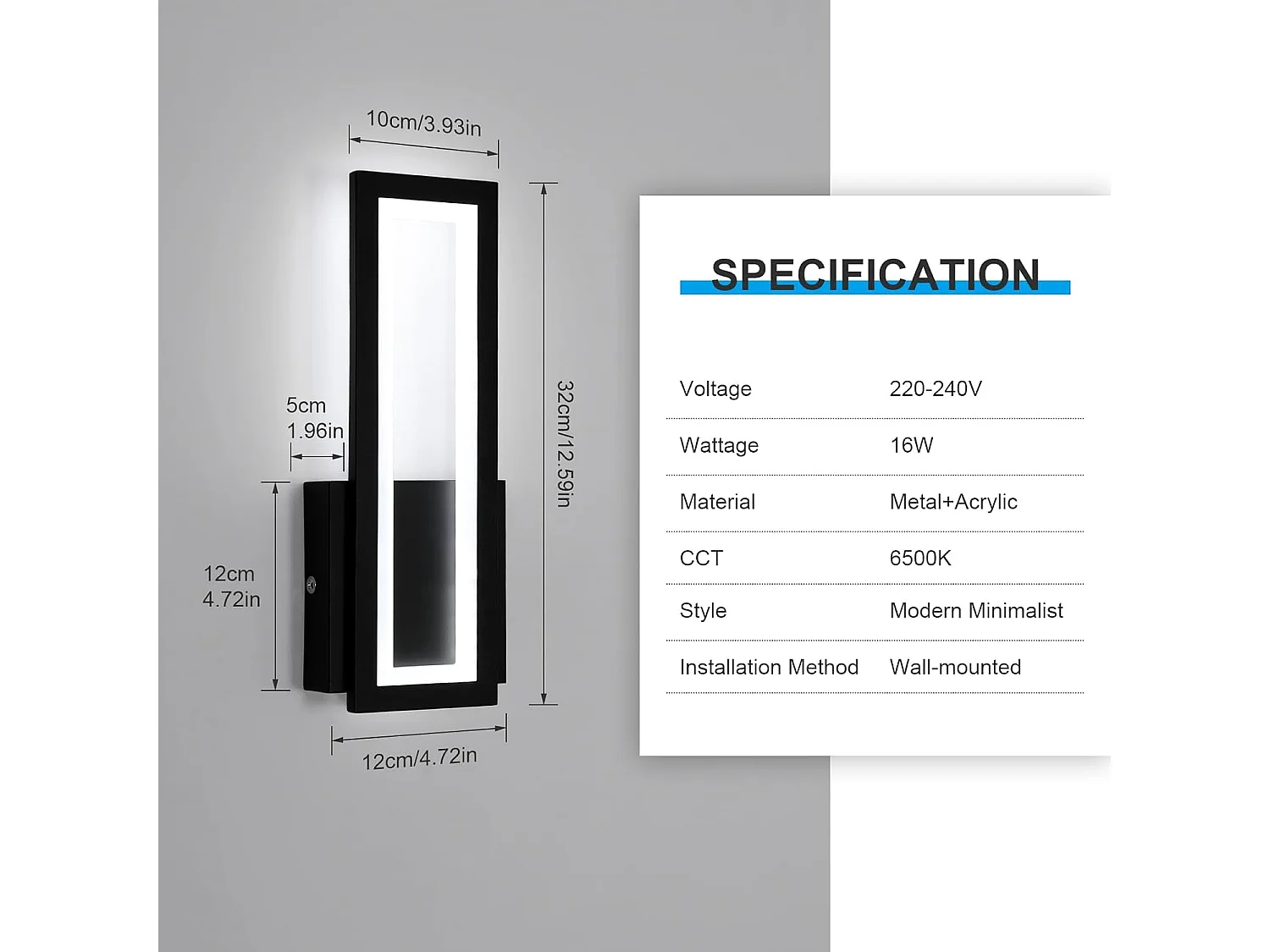 Applique murale d'intérieur LED 16W 1800lm, lampe rectangulaire moderne, lumière blanche froide 6500K, applique murale en acrylique noir, 32cm