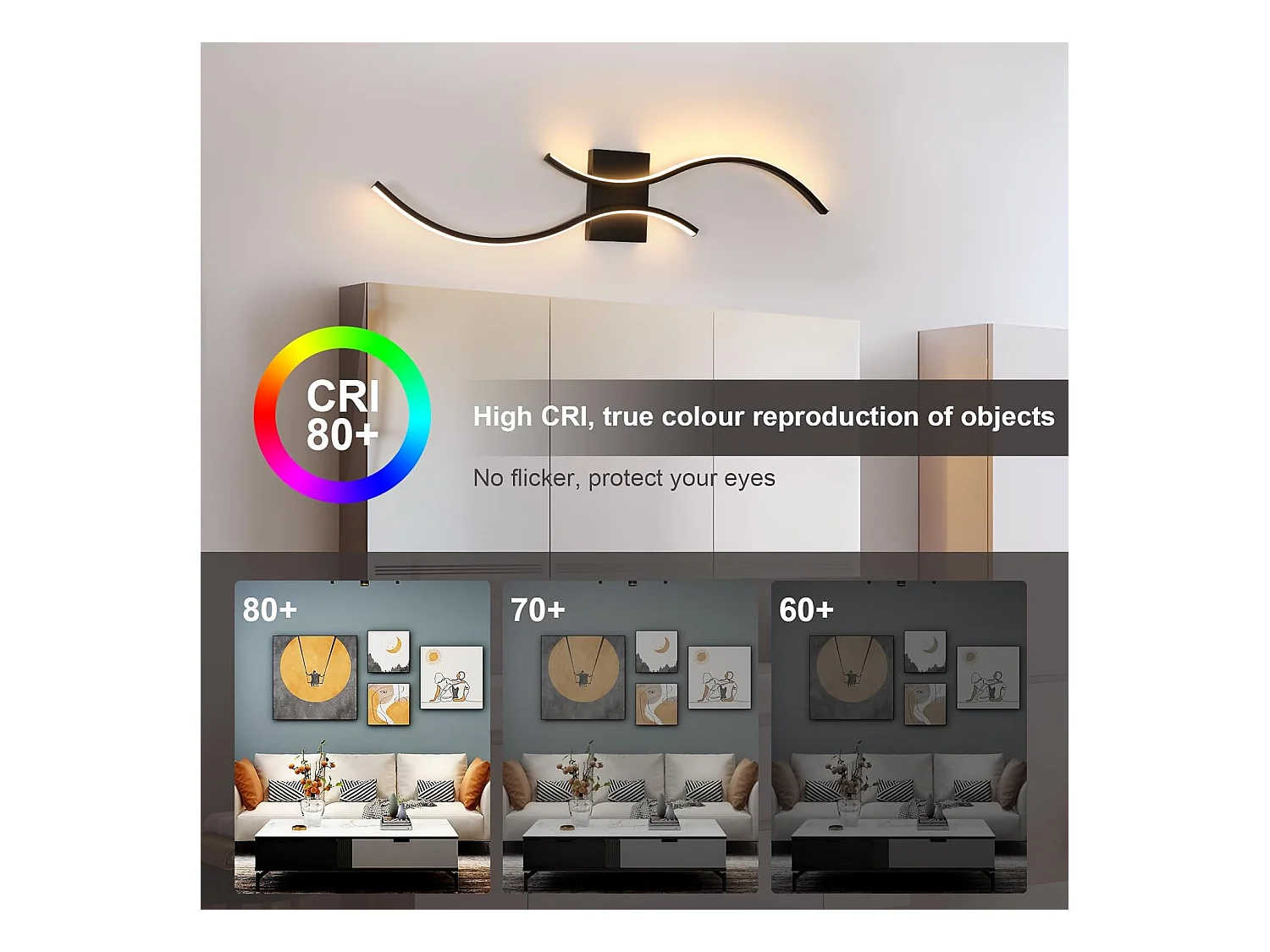 Applique Murale Interieur,Lampe LED Murale Moderne 27 W Design Incurvée,Luminaire Mural 3000 K Blanc Chaud pour Chambre,Salon,Salle à manger,Noir,80CM