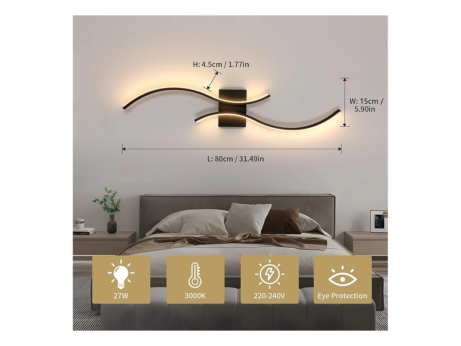 Applique Murale Interieur,Lampe LED Murale Moderne 27 W Design Incurvée,Luminaire Mural 3000 K Blanc Chaud pour Chambre,Salon,Salle à manger,Noir,80CM