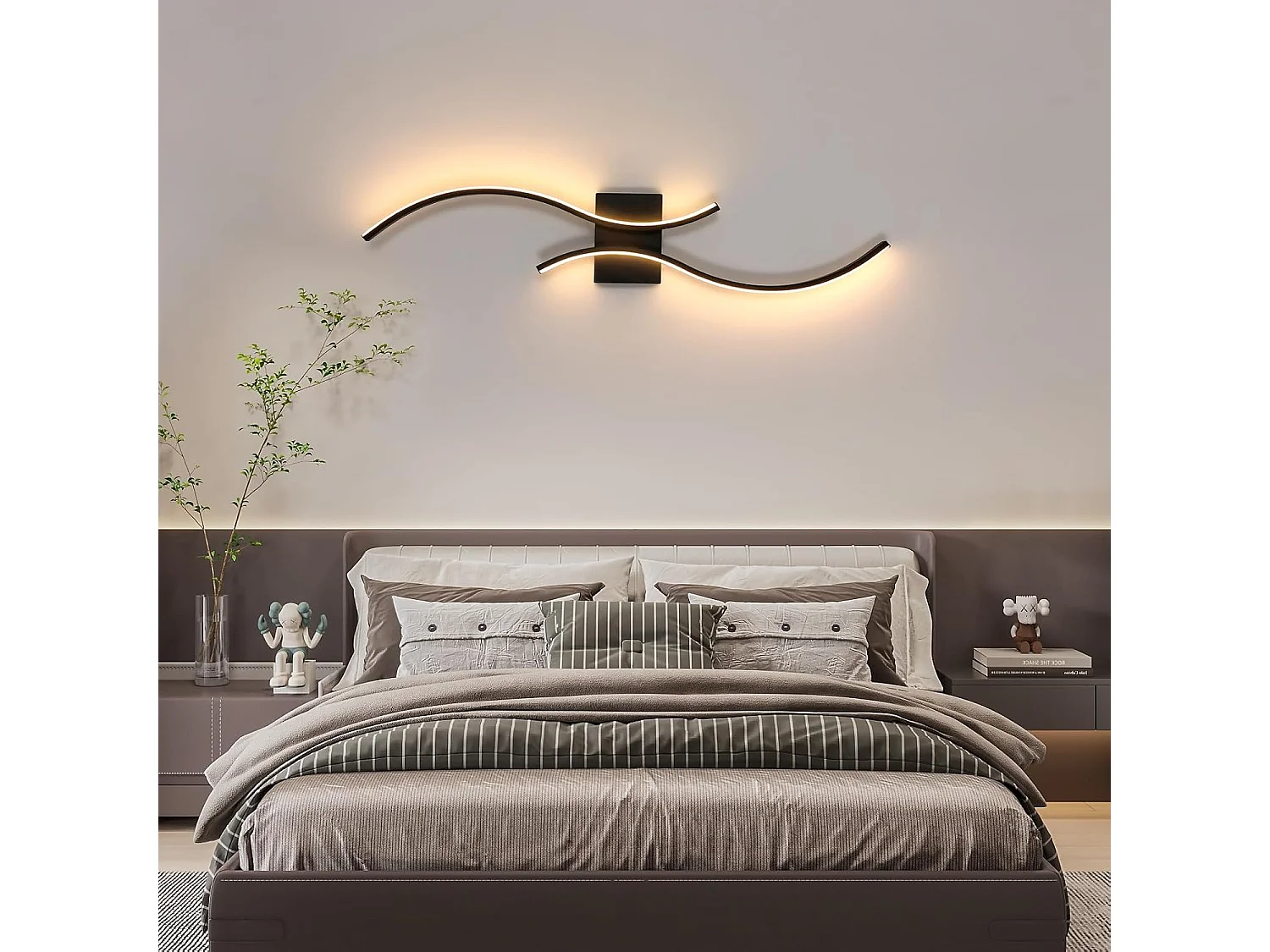 Applique Murale Interieur,Lampe LED Murale Moderne 27 W Design Incurvée,Luminaire Mural 3000 K Blanc Chaud pour Chambre,Salon,Salle à manger,Noir,80CM