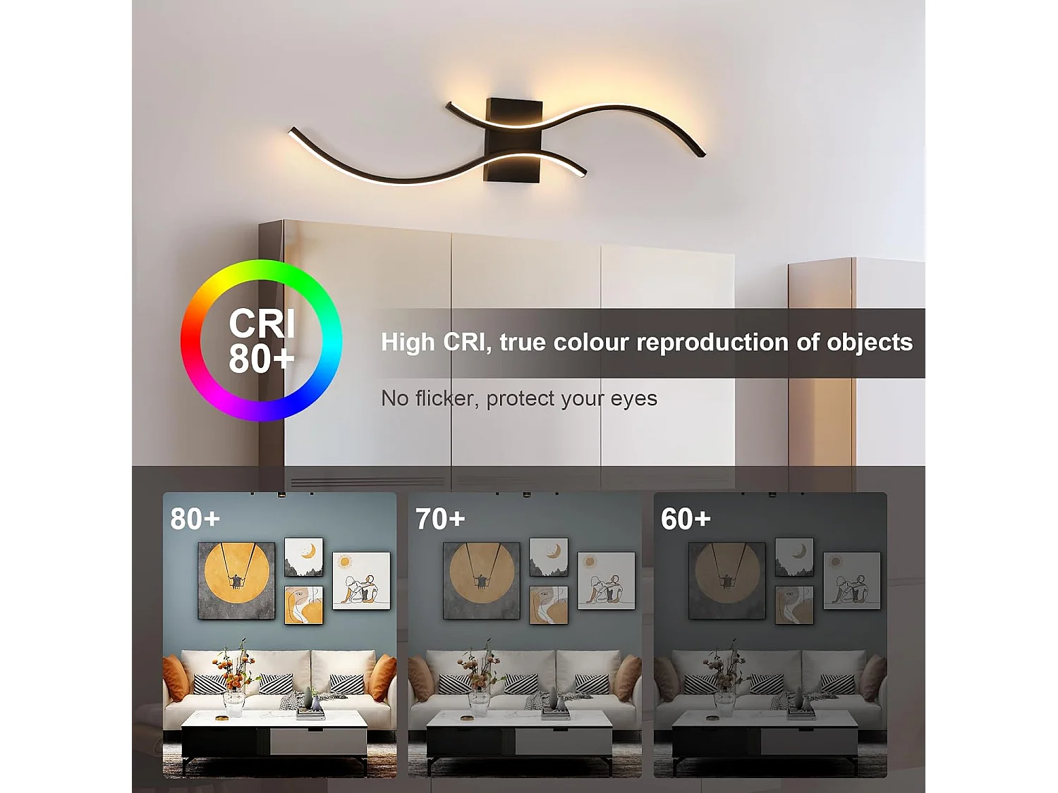 Applique Murale Interieur,Lampe LED Murale Moderne 27 W Design Incurvée,Luminaire Mural 3000 K Blanc Chaud pour Chambre,Salon,Salle à manger,Noir,80CM