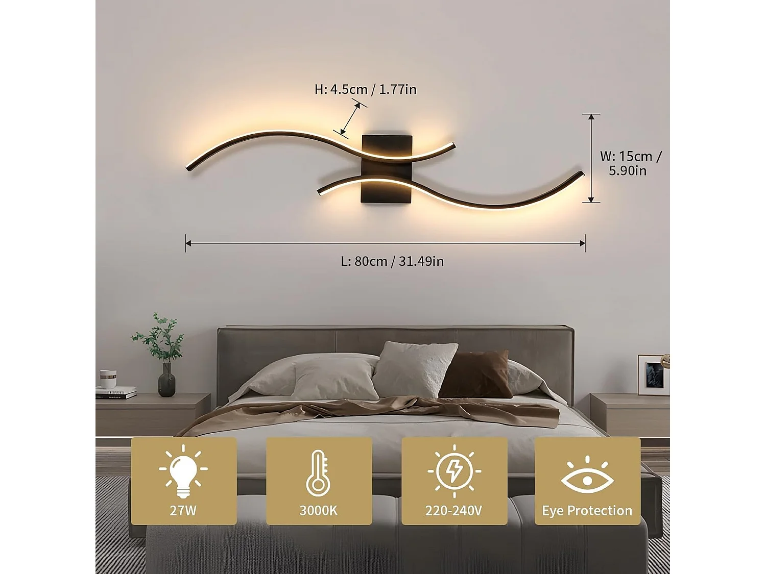 Applique Murale Interieur,Lampe LED Murale Moderne 27 W Design Incurvée,Luminaire Mural 3000 K Blanc Chaud pour Chambre,Salon,Salle à manger,Noir,80CM
