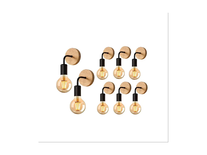 8 Pièces Appliques Murales Vintage en Bois, Lampes Murales Interieur Industrielle E27 pour Chambre, Salon, Escalier, Couloir(ampoules non incluses)