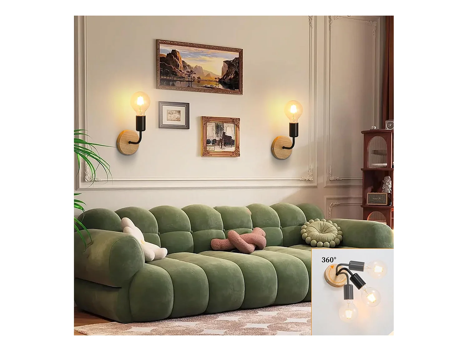 8 Pièces Appliques Murales Vintage en Bois, Lampes Murales Interieur Industrielle E27 pour Chambre, Salon, Escalier, Couloir(ampoules non incluses)