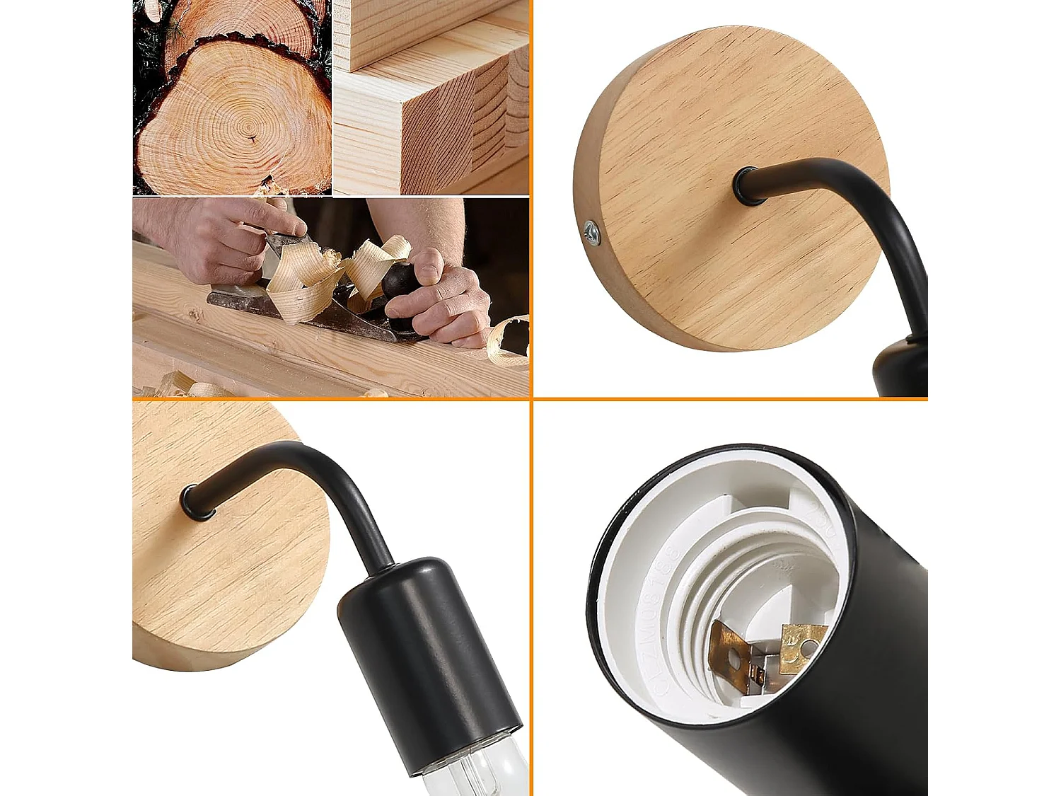 Haobosic Lot de 8 appliques murales fer bois courbé noir, style industriel, douilles E27, sans ampoule