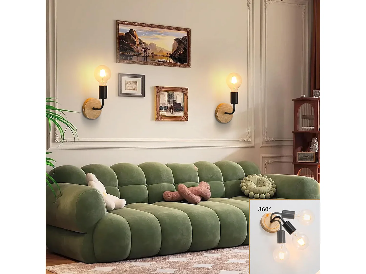 Haobosic Lot de 8 appliques murales fer bois courbé noir, style industriel, douilles E27, sans ampoule