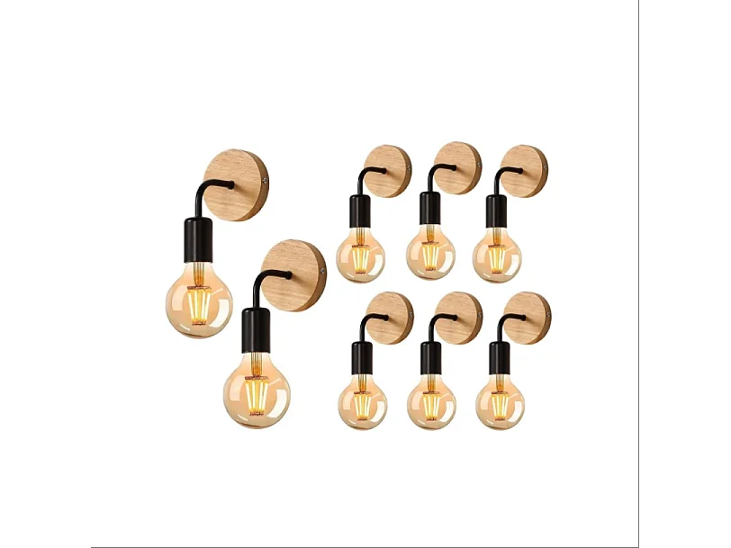 8 Pièces Appliques Murales Vintage en Bois, Lampes Murales Interieur Industrielle E27 pour Chambre, Salon, Escalier, Couloir(ampoules non incluses)