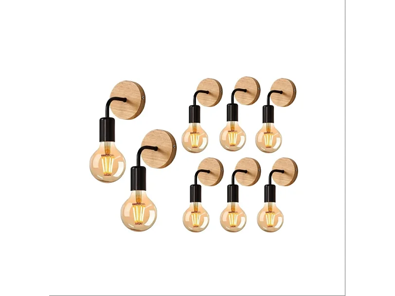 Haobosic Lot de 8 appliques murales fer bois courbé noir, style industriel, douilles E27, sans ampoule
