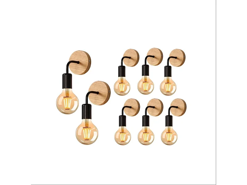 8 Pièces Appliques Murales Vintage en Bois, Lampes Murales Interieur Industrielle E27 pour Chambre, Salon, Escalier, Couloir(ampoules non incluses)