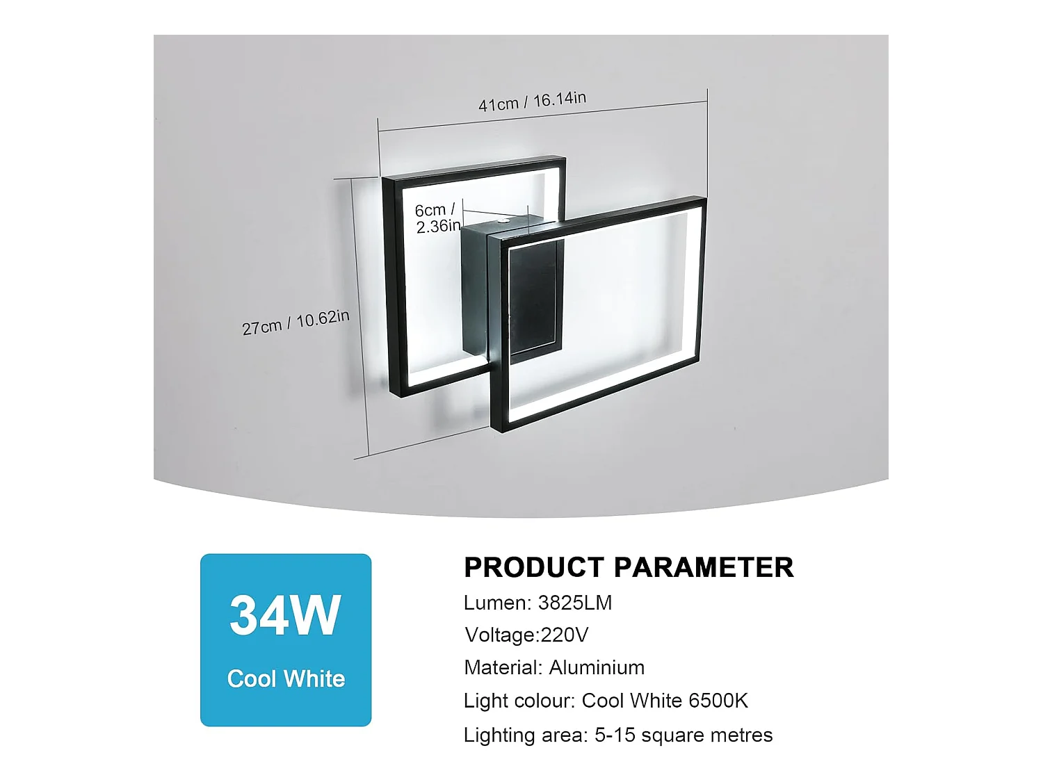 Applique Murale Intérieure LED, 34W 3825LM Lampe Murale LED Moderne, 41CM Noir Éclairage Mural Chambre en Aluminium Blanc Froid 6500K pour Salon