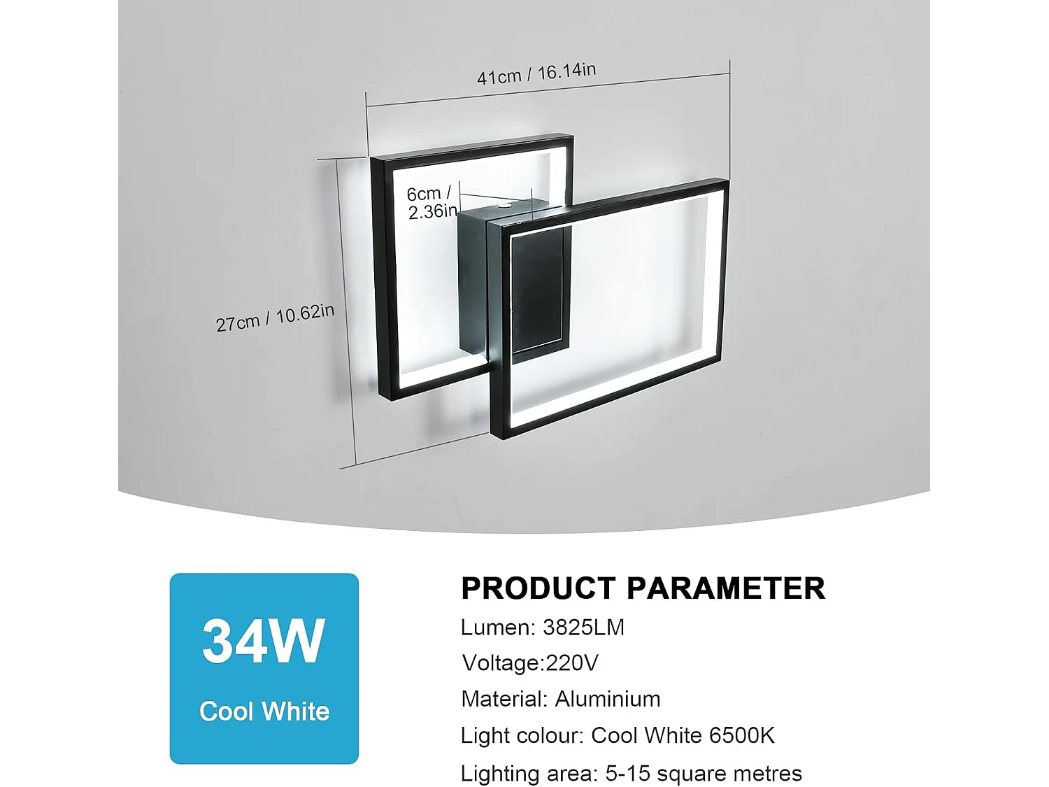 Applique Murale Intérieure LED, 34W 3825LM Lampe Murale LED Moderne, 41CM Noir Éclairage Mural Chambre en Aluminium Blanc Froid 6500K pour Salon