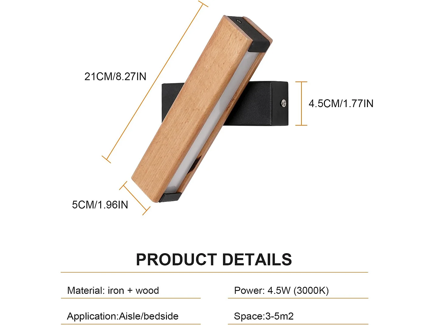 Applique Murale LED,5W 500lm Applique Murale en Bois,360° Lampe Murale Pivotante,Appliques 6500k Lumière Blanche Froide Intérieure Moderne pour Salon