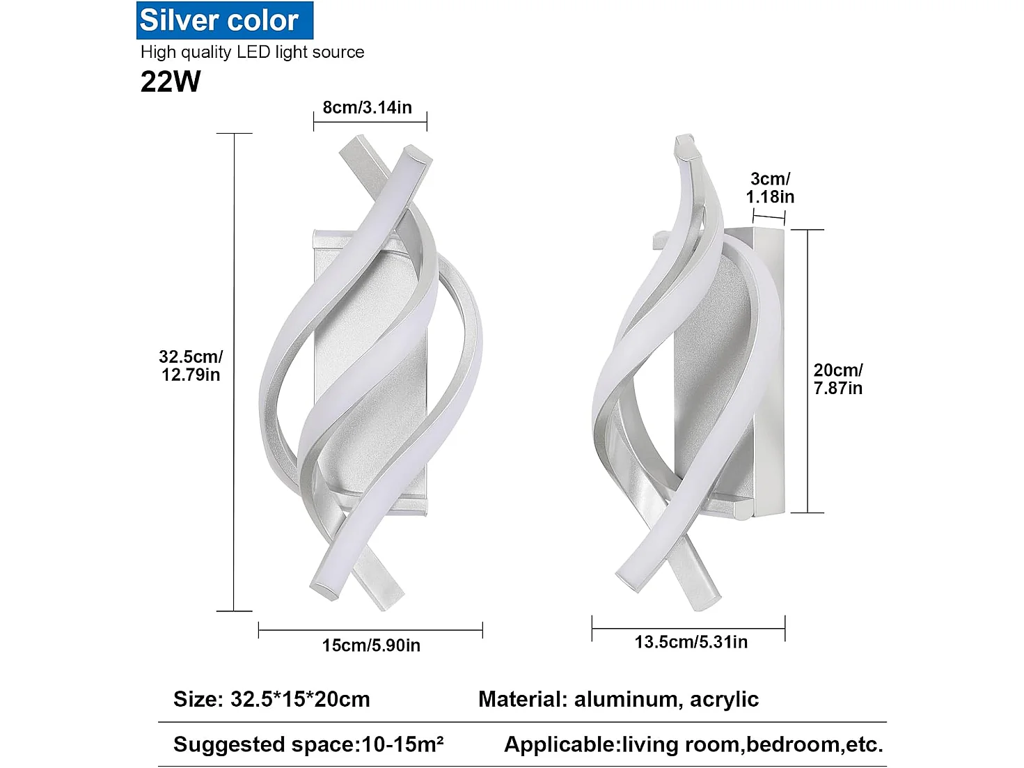 Applique Murale Interieur LED, 22W Lampe Murale Moderne Design en Aluminium, Applique Murale LED 6500K Blanc Froid pour Chambre Couloir Salon Escalier Bureau