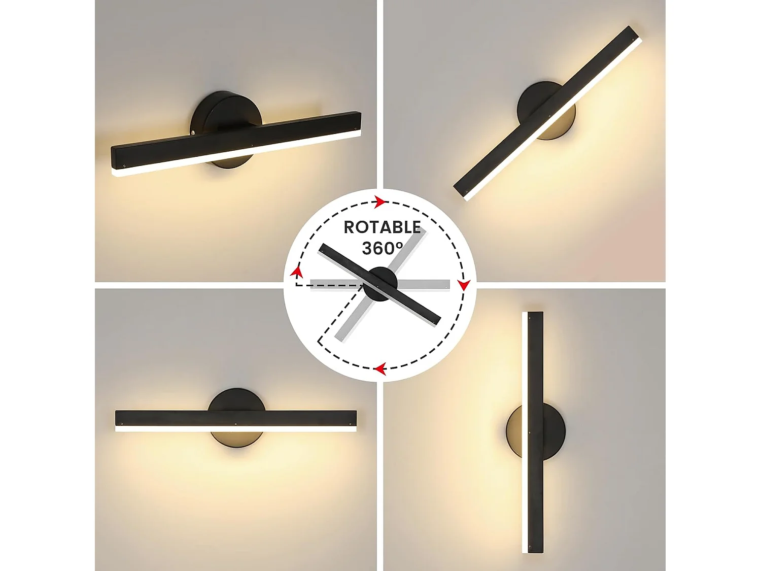 12W Applique Murale Moderne, 3000K Blanc Chaud Lampe Murale, Applique Intérieur Rotatifs à 300° pour Salon, Chambre, Escalier et Couloir, Noir 38cm