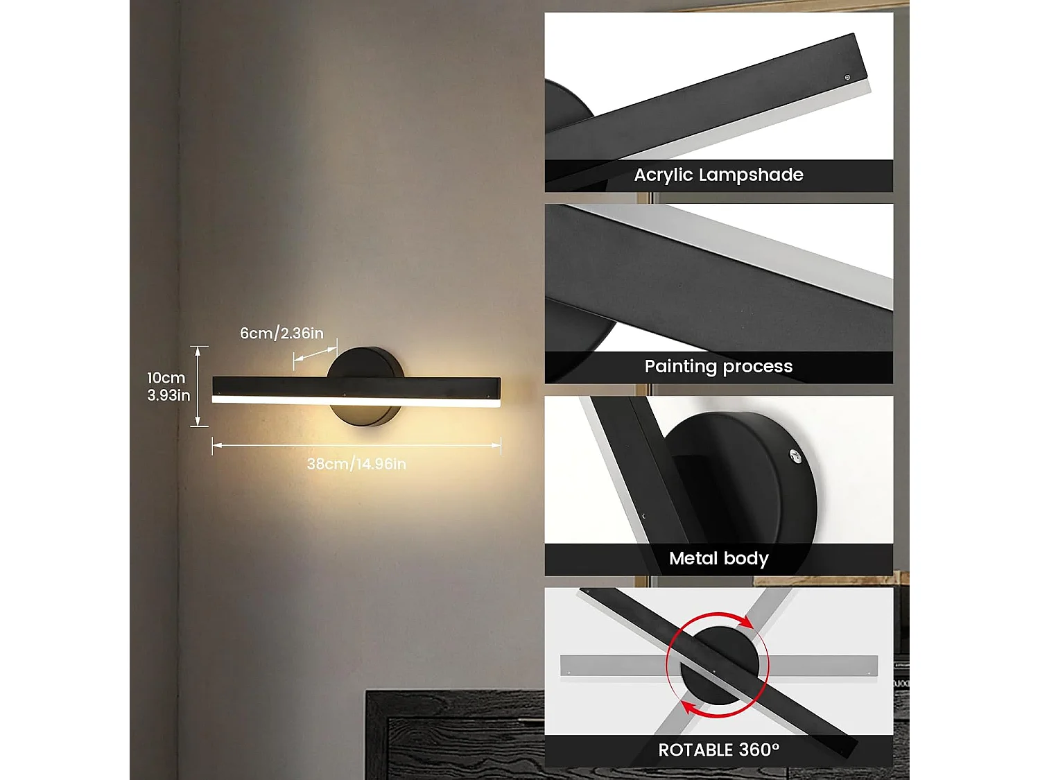 12W Applique Murale Moderne, 3000K Blanc Chaud Lampe Murale, Applique Intérieur Rotatifs à 300° pour Salon, Chambre, Escalier et Couloir, Noir 38cm