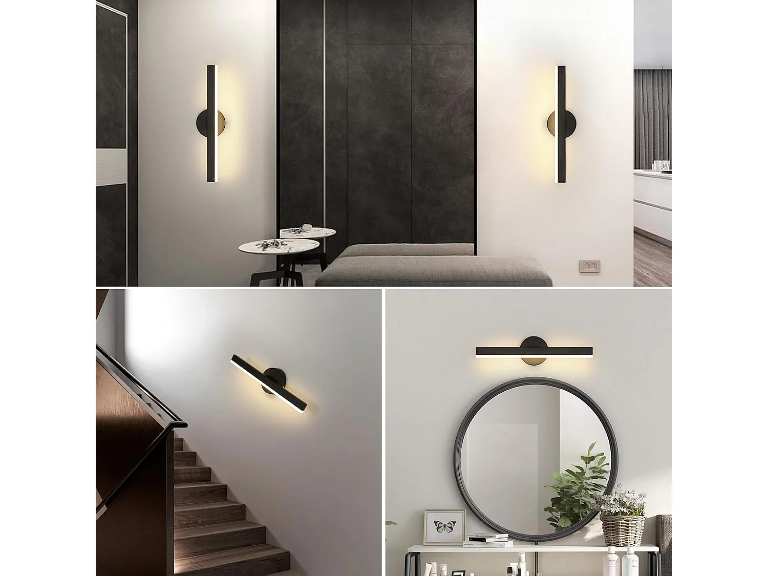 12W Applique Murale Moderne, 3000K Blanc Chaud Lampe Murale, Applique Intérieur Rotatifs à 300° pour Salon, Chambre, Escalier et Couloir, Noir 38cm