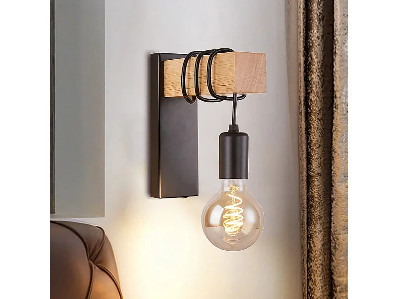 Applique Murale Rétro en Bois – Lampe Vintage E27 avec Ampoule Spirale G80 40W, Idéale pour Chambre, Salle à Manger & Décoration Intérieure