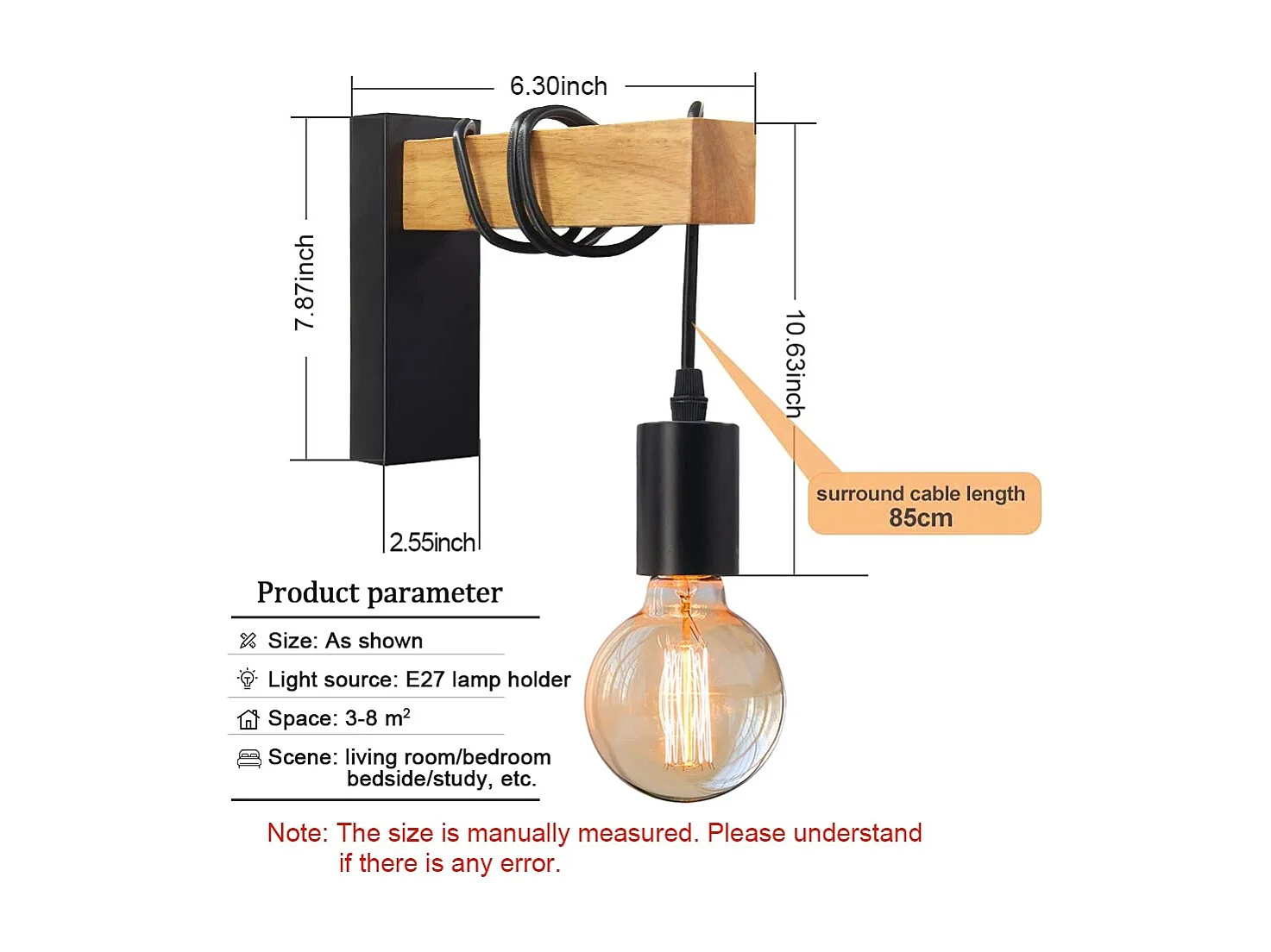 Applique Murale Rétro en Bois – Lampe Vintage E27 avec Ampoule Spirale G80 40W, Idéale pour Chambre, Salle à Manger & Décoration Intérieure