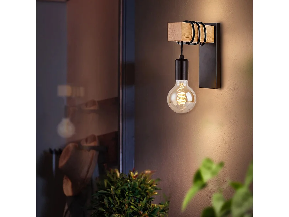 Applique Murale Rétro en Bois – Lampe Vintage E27 avec Ampoule Spirale G80 40W, Idéale pour Chambre, Salle à Manger & Décoration Intérieure