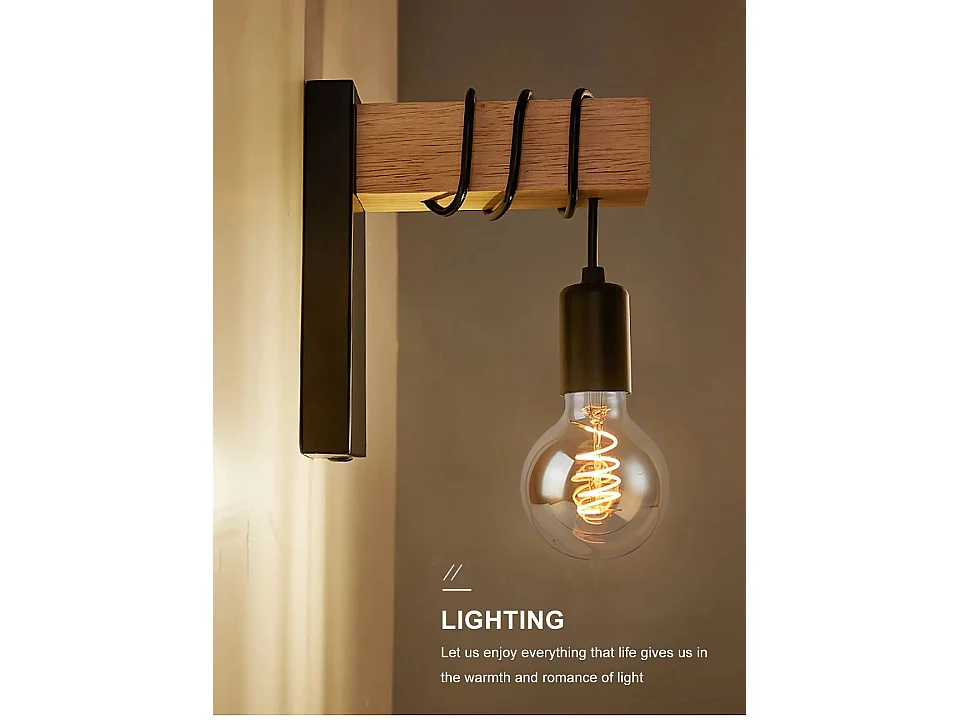 Applique Murale Rétro en Bois – Lampe Vintage E27 avec Ampoule Spirale G80 40W, Idéale pour Chambre, Salle à Manger & Décoration Intérieure