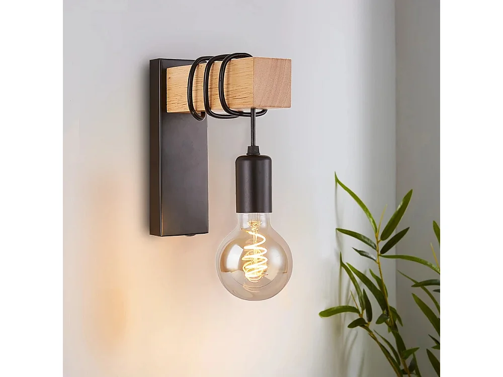 Applique Murale Rétro en Bois – Lampe Vintage E27 avec Ampoule Spirale G80 40W, Idéale pour Chambre, Salle à Manger & Décoration Intérieure