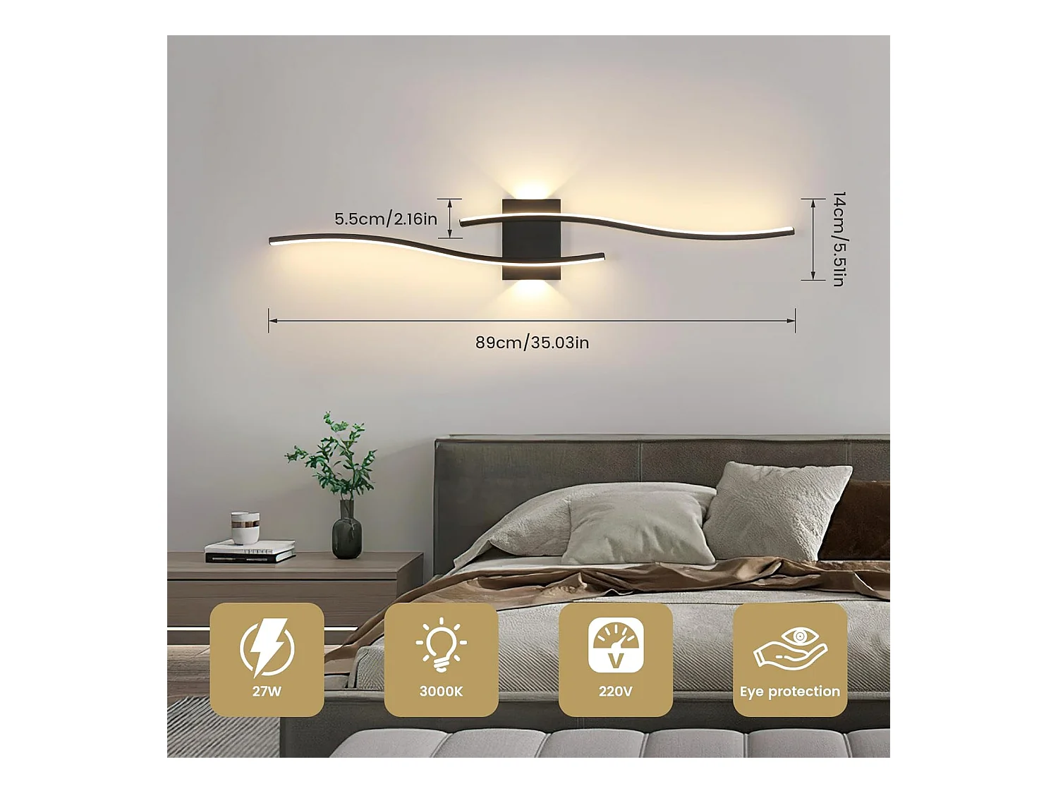 Applique Murale LED Intérieure,Noir Lignes Simples 27W 3000LM Lampe Murale LED Moderne, Éclairage Luminaire Mural LED pour Chambre,Blanc Chaud 3000K